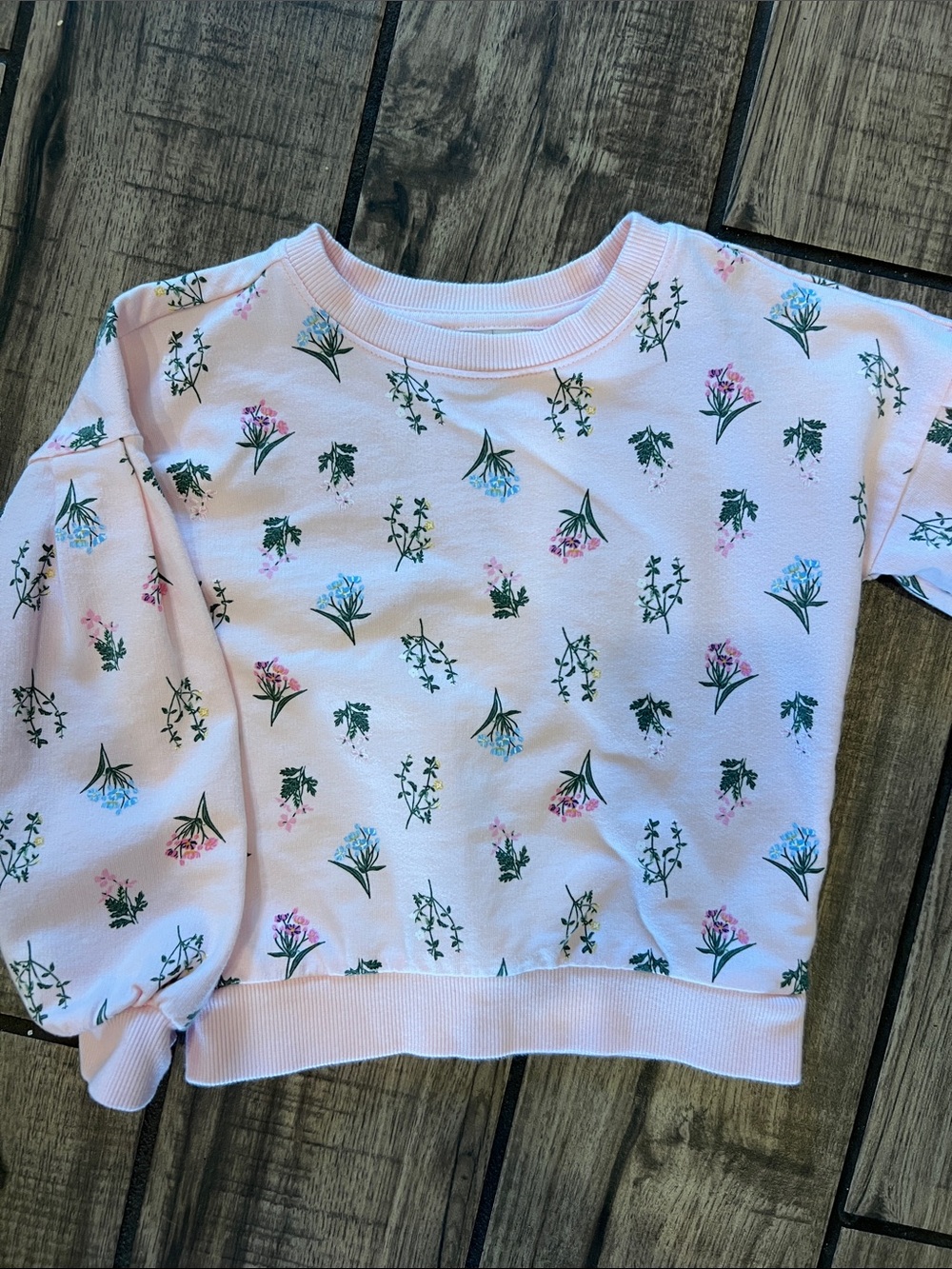 Janie and Jack Light Pink Floral Crewneck Sweatshirt with puff sleeves